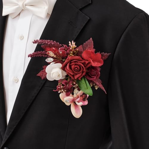 TINGE TIME Single Pocket Boutonniere for Man Groom, Best Man Boutonniere for Wedding, Prom, Homecoming, Anniversary, Graduation, Christmas Dinner(Burgundy) - color: Burgundy