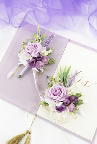 2 Pcs Wrist Corsage and Boutonniere Set, Lavender Purple Corsage for Wedding, Boutonniere for Men Artificial Rose Flower Wristlet Bracelet Prom Ceremony Anniversary Accessories Decor Suit - color: Lavender Purple
