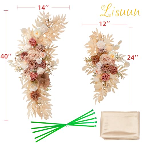 Lisuun Artificial Wedding Arch Flowers with Chiffon Runner, Pack of 3 | Includes 2 Flower Swags, 1 20ft Chiffon Runner and Zip Ties for Wedding Arches, Arbors and Backdrops - color: Champagne