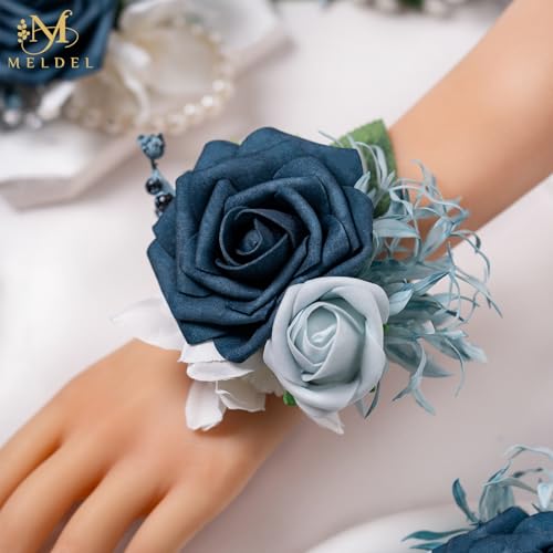 6Pcs Navy Blue Faux Foam Rose Women Wrist Corsages for Wedding Prom | Fake Foam Rose Corsages Wristlet for Wedding Prom Bride Bridesmaids Homecoming Party Ceremony Anniversary - color: Blue Wrist Corsage