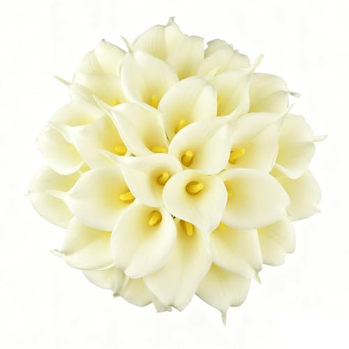 Calla Lily Bridal Wedding Festival Decor Bouquet Real Touch Latex Flower Bouquet Pack of 20 (Off-White) - color: Off-white