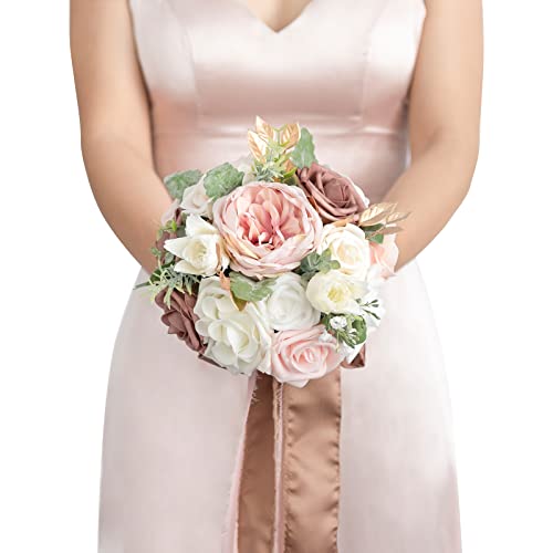 Ling's moment Dusty Rose Artificial Wedding Flower Bouquet for Bridesmaid Pink Floral Bouquet Blush Bridesmaid Bouquets with Ribbon Ceremony Anniversary,7-inch Diameter - color: Pk-dusty Rose & Cream