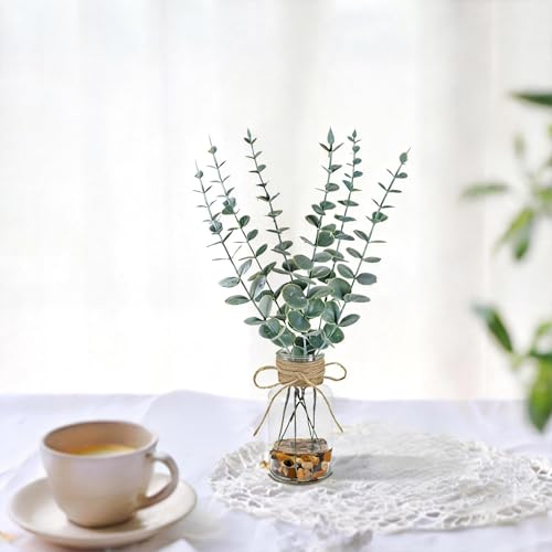 2 Pack Artificial Eucalyptus Stems in Glass Vases, 14" Fake Plants with Faux Water Stones, Small Faux Plants for Kitchen Bathroom Shelf Coffee Table Decor (Green) - color: Green