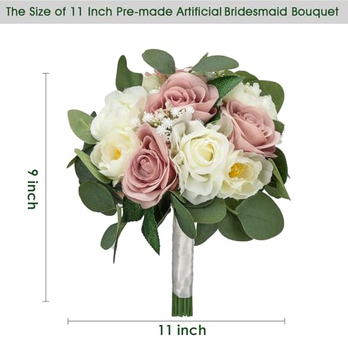 Set of 6 Bridesmaid Bouquets, 11 Inch Wedding Bouquets for Bridesmaids Artificial Flower Bouquets for Wedding Ceremony Bridal Shower Decorations - Dusty Pink & White - color: Dusty Pink & White, size: Set of 6 Bouquets