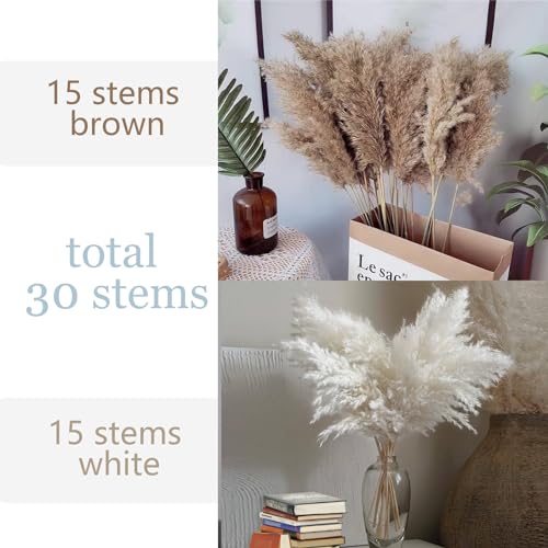 30 Stems 28 inch Boho Decor Tall - Dried Pampas Grass, Brown & White Pampas Grass Fluffy Large, Dry Flowers, Tall Pampas Bulk for Room Decor, Home Decor Floor,Wedding Decor - size: 30pcs 15brown & 15white