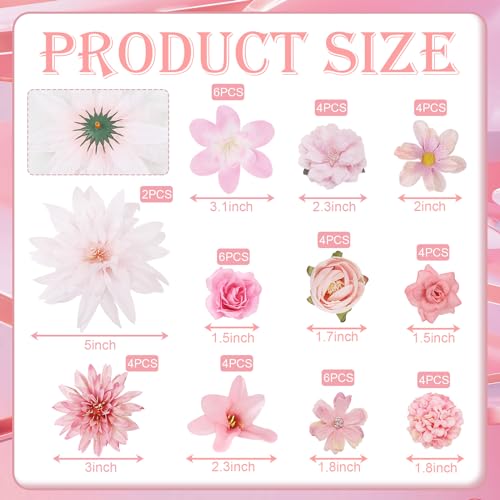 LACGO 48 PCS Fake Flowers Heads - Artificial Flower Heads Bulk Silk Faux Rose DIY Flower Embellishments Blossom Wreath Bouquets for Crafts Wedding Bridal Party Baby Shower Home Decoration(Pink) - color: Pink
