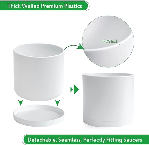 D'vine Dev 2 Pack 8 Inch Modern Plastic Plant Pots, Cylindrical Garden Planters for Plants with Drainage Holes and Saucers, White, 74-Z-M-1 - size: 8"