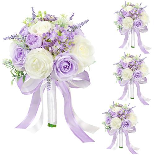 Set of 4 Bridesmaid Bouquets for Wedding - 7 Inch Artificial Flowers Bouquets for Ceremony Anniversary Centerpieces Decorations - Dusty Purple - color: Dusty Purple, size: Set of 4 Bridesmaid Bouquets