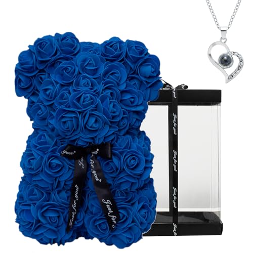 DuHouse Rose Bear Rose Teddy Bear Flower Gift Box for Valentines Gifts Anniversary Christmas,Birthdays Bridal Showers -Fully Handmade 10 inch Flower Bear Clear Gift Box(Royal Blue with Necklaces) - color: Royal Blue With Necklaces