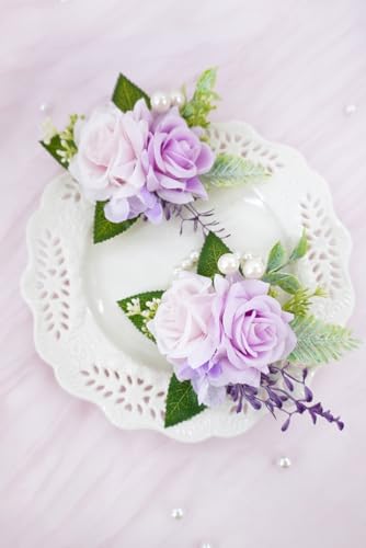 Purple Corsage and Boutonniere Set for Wedding Prom, Artificial Rose Flower Wrist Corsage Bracelets, Homecoming Corsage Wristlet, Boutonniere for Men Wedding Suit Decorations - color: Purple