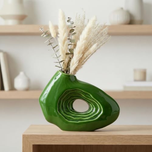 Sunddo Green Ceramic Vase, 7 Inch Small Decorative Vase for Flowers, Donut Modern Flower Vase for Home Decor, Shelf, Office Desk, Aesthetic, Bathroom, Table Centerpiece Decor - color: Green, size: 7 inch