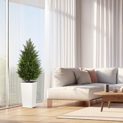 4FT Tall Artificial Cedar Topiary Tree with Compact Pyramidal Shape, Realistic Faux Cypress in Square White Pot with Fillable Water Bag, Outdoor Evergreen for Front Porch Garden Home Decor - color: White-pyramid Topiary, size: 4ft-1pack