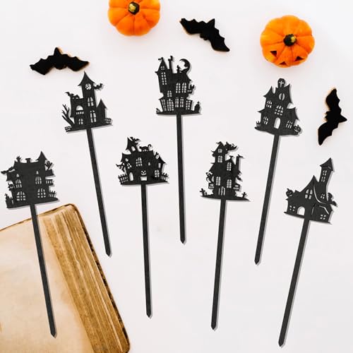 TICIAGA Halloween House Wooden Picks - 14PCS Haunted House Double-sided Decorative Pick for Home Vase Filler Wood Silhouette Black Pumpkin Boo Ghost House Floral for Halloween Party Home Kitchen Decor - color: Halloween House