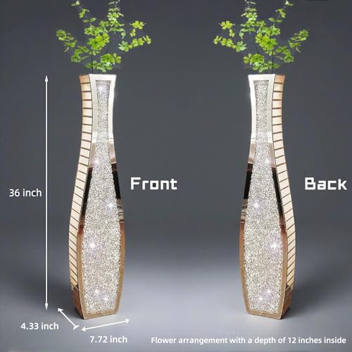 36" Extra Tall Double Sided Crushed Diamond Vases, Mirrored Silver Vase,Floor Vases Decorative Tall, Large Decorative Vase for Home,Office,Hotel Decor(7.72" L x4.33 W x 36" H)