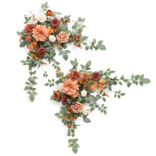 Ling's moment 2PCS Terracotta Artificial Floral Swags Centerpieces Wedding Arch Flower Garland Burnt Orange Rose Fall Flowers Greenery for Table Backdrop Easel Wall Entryway Outdoor Board Decor - color: Or-terracotta