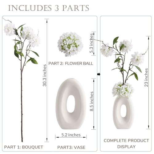 Joeabor Fake Flower Bouquet and Vase Set, Faux Flower Arrangement for Decorating Living Room and Offices, Realistic Artificial Flowers Made of Silk & Plastic, Floral Decoration with White Blossoms - color: White