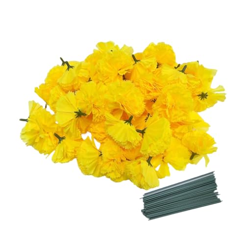 50 Artificial Silk Carnation Flower Head with Stems Set,Vase Fillers for Home Decor Bridal Wedding Party Birthday Cake Ornaments,Handmade Wrist Corsage, 3"Multiple Petals Heads & 8" Stems (Yellow) - color: Yellow