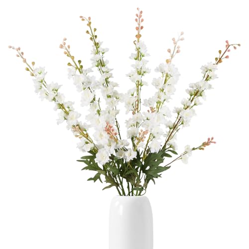 6 PCS White Delphinium Artificial Flowers, Long Stem Artificial Flowers with Bendable Stems, Silk Larkspur for Tall Vase Home Garden Wedding Table Decor - color: White