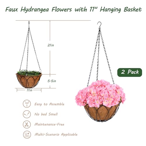 bellacat Real Touch Faux Hydrangea Flowers with 11" Hanging Basket, Fake Hanging Hydrangea Flowers with Realistic Flowers, Artificial Hanging Flowers for Outdoors Porch Patio Balcony (Pink, 2Pack) - color: Pink