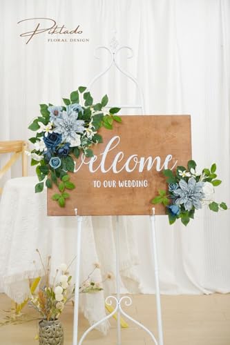 Wedding Decor (Pack of 2) Welcome Sign Flower Backdrop Garland for Ceremony Reception Wall Easel Home Decoration Entryway Faux Outdoor Board Head Table Decor (Dusty Blue & Navy) - color: Dusty Blue & Navy