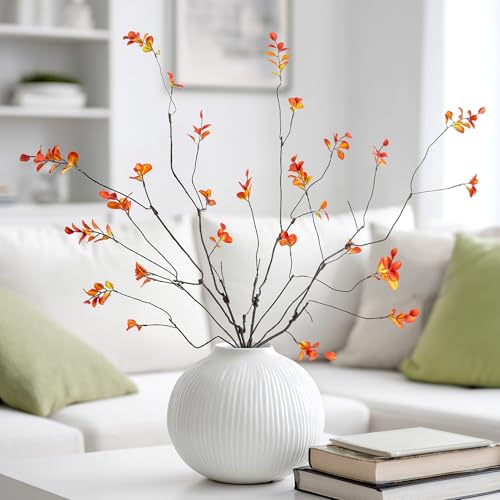 Ttranewsoo Fall Stems Artificial Ficus Branches, 35.4 Inch Faux Eucalyptus Stems Fall Decor, Fake Leaves Fall Decorations for Home, Autumn Table Decor Fall Branches for Vase (Yellow, 4 Pcs) - color: Orange2