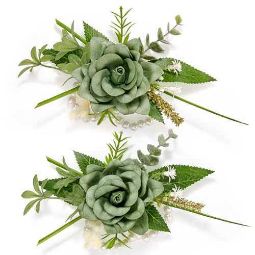 Serwalin 2 Pcs Wrist Corsage, 6-7 Inch Green Corsage for Wedding, Bridesmaid Mother Grandmother, Artificial Flowers for Prom Ceremony Anniversary - color: Green, size: Corsage-2pcs