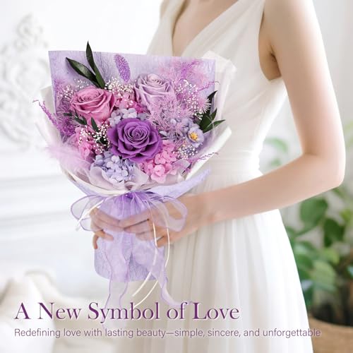 Preserved Bouquet of Flowers - 3 Roses & Flowers for Delivery, Long-Lasting Real Lavender Forever Flowers, Mothers Day Gifts for Mom Grandma Wife, Anniversary Birthday Gifts for Women - color: Purple