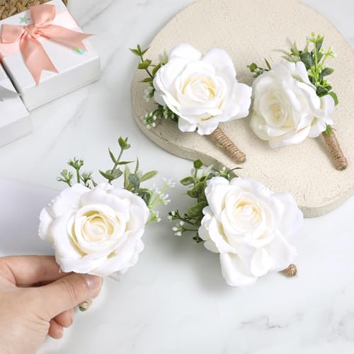 10 Pcs White Boutonniere for Men, Artificial Flowers Groom Groomsmen Vintage Wedding Corsage Rose for Wedding, Party, Ceremony Anniversary, Prom