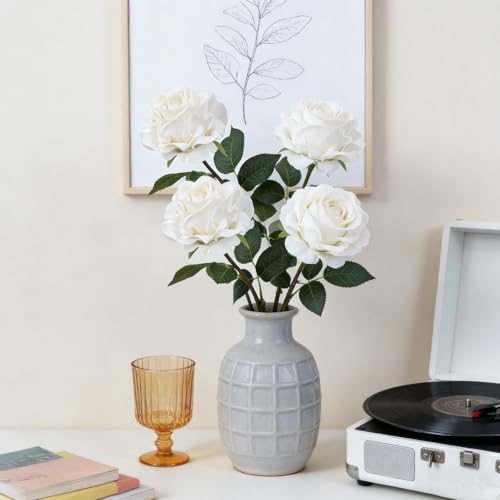 Artificial Rose Flowers, 4Pcs Real Touch Long Stem Faux Roses, Lifelike Latex Roses for Wedding Bouquet, Table Centerpiece, Home Decor, DIY Floral Arrangement, White - color: White