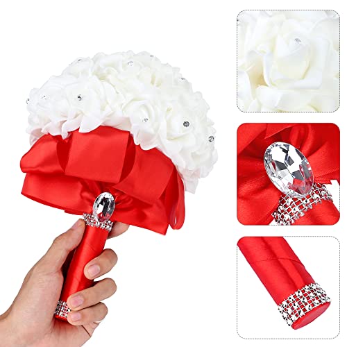 Wedding Bouquet, Red Bridesmaid Bouquet Bridal Bouquet with Crystals Soft Ribbons, Artificial Rose Flowers for Wedding, Party and Church (Red) - color: Red