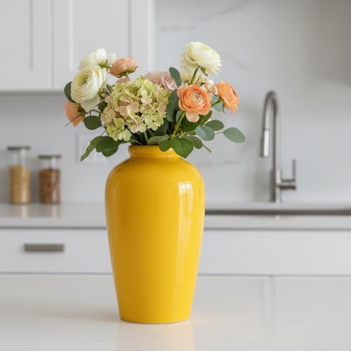 11 Inch Yellow Ceramic Vase for Flowers - Modern Minimalist Vases Home Decor - Textured Decorative Vase for Kitchen, Wedding Centerpiece, Fireplace Decoration for Living Room - color: Yellow