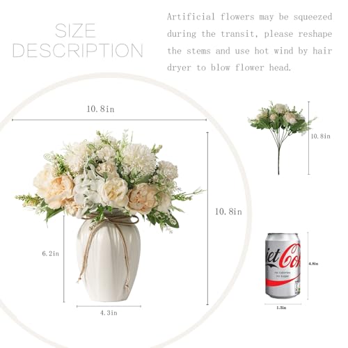 Peonies Artificial Flowers in Vase, Fake Hydrangea Silk Peony Flower Bouquet with Vase Faux Flowers Arrangement Decor Home Table Dining Room (White) - color: White