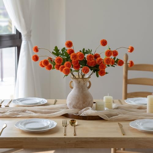 mizii 6Pcs Orange Fake Silk Pompon Mum Artificial Flowers Bulk Small Faux Chrysanthemums with Stems Realistic Floral Decorations for Wedding DIY Bouquet Centerpieces Shower Vase Home Decor (Orange) - color: Orange