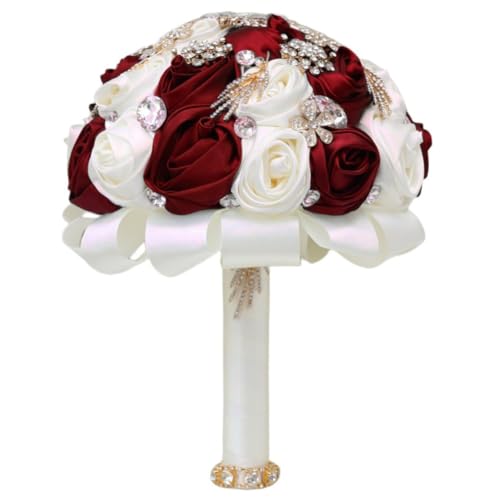 Bridal Wedding Bouquet Handmade with Luxury Gold Rhinestone Brooch for Bride Bridesmaid Quinceanera Satin Rose Flower Bouquet Wedding Dark Red and Ivory 8.7in - color: Dark Red & Ivory, size: Large (DIA. 8.7"/22cm)