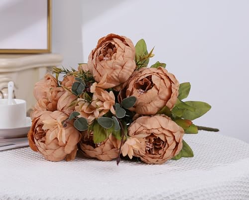 Duovlo Artificial Peony Silk Flowers Fake Flowers Vintage Wedding Home Decoration,Pack of 1 (Dark Champagne) - color: Dark Champagne