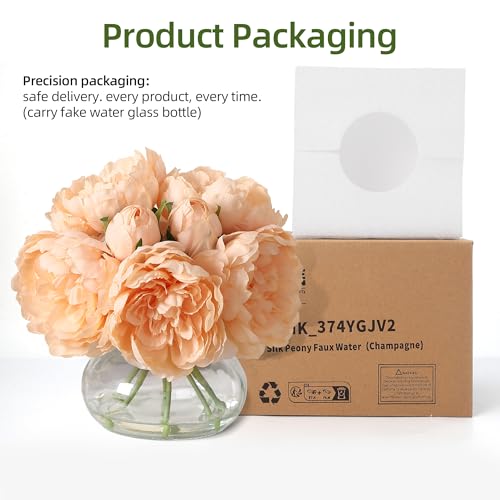 Artificial Peonies with Glass Vase, Faux Peony Fake Flowers with Faux Water, Silk Flower Arrangements for Home Decor, Bathroom, and Table Centerpiece Decorations Home Centerpiece Floral (Champagne) - color: Champagne, size: Peony, Silk