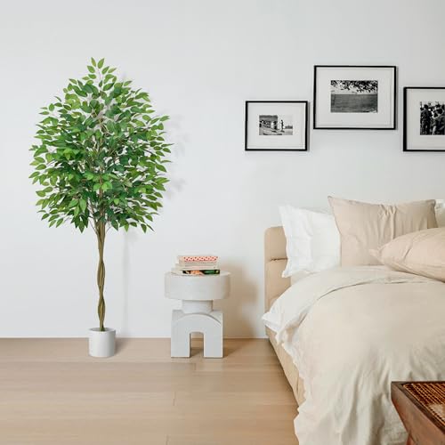 Artificial Ficus Tree with 3 Natural Curved Trunks, 6FT Tall Faux Ficus Tree in Sturdy Plastic Nursery Pot, Faux Plant for Office Home Living Room Farmhouse, Indoor Outdoor Decor