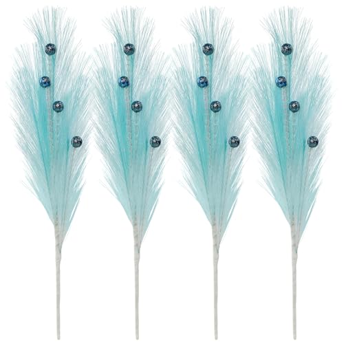 Christmas Tree Picks Decorations Set of 4 Sequins Ball Sprays 17" Artificial Furry Reed Grass Stems Fluffy Pampas Branches Feather Tails for Vase Fillers Flower Arrangements Tree Topper (Light Blue) - color: Light Blue