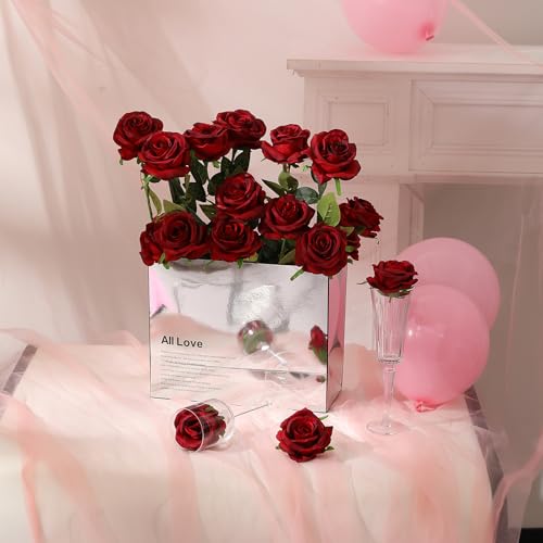 Hawesome 12PCS Artificial Silk Flowers Realistic Roses Bouquet Long Stem for Home Wedding Decoration Party (Burgundy, 12Pcs Flowers) - color: Burgundy, size: 12Pcs Flowers