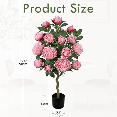 Hollyone Pink Fake Peonies Tree 3FT Peonies Artificial Flowers Tree in Pot Faux Peony Plants & Flowers in Planter Greenery Potted Plant Indoor Outdoor Front Door Porch Home Decor - color: 3ft - Pink