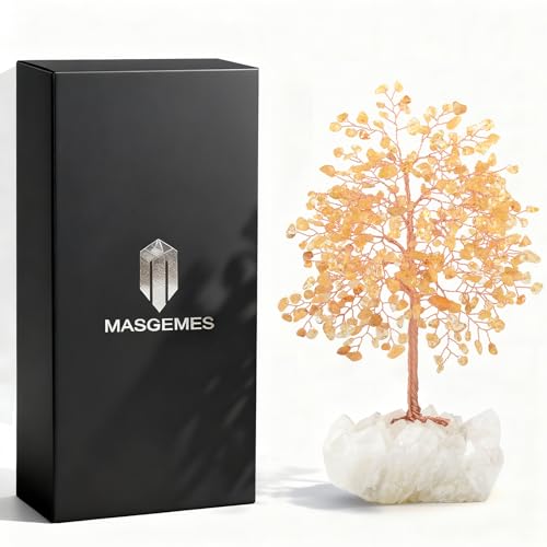 Gemstone Crystal Tree of Life,Natural Citrine with Row Clear Quartz Base,Chakra Healing Crystals Positive Energy Fengshui Decor Bonsai Money Tree,Home Decor Gift Height 8.5-9 Inches - color: Citrine Tree With Quartz Base