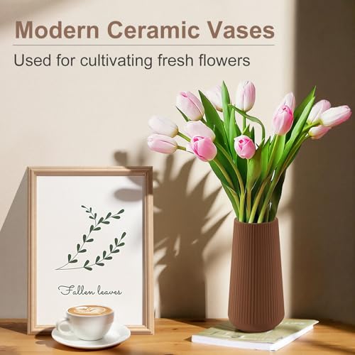 Caramel Ceramic Vase, GUKJOB Small Cute Flower Vase for Pampas Grass, Home, Living Room, Dining Table, Farmhouse, Office Decor, Bedroom, Table, and Kitchen Shelf (Caramel) - color: Caramel