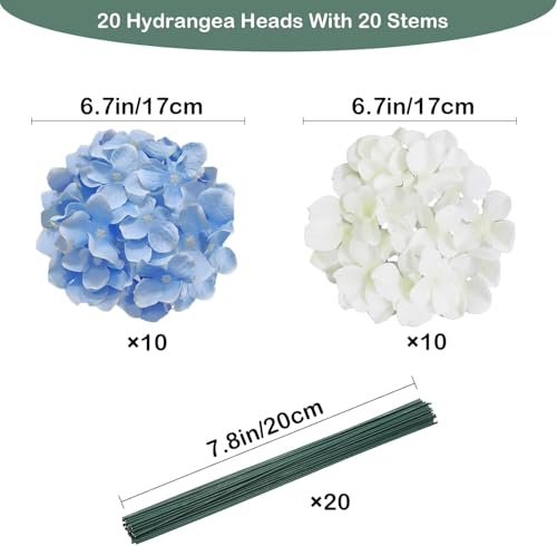 20 Pcs Blue and White Hydrangea Artificial Flowers Bulk, Faux Hydrangea Flowers Heads, Artificial Fake Silk Hydrangea Flowers with Stems, White Flowers Artificial for Decoration Wedding Décor - color: White Blue, size: 20 Pcs