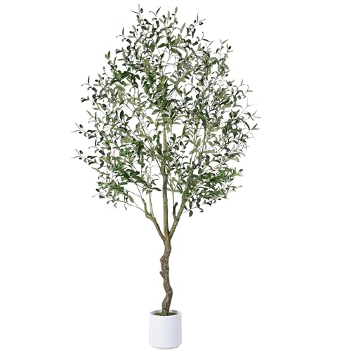 Jocoevol Olive Tree Artificial Indoor 6FT，Tall Faux Olive Tree with White Planter，Realistic Artificial Olive Tree Indoor with Natural Trunk and Lifelike Fruits for Home Office Living Room - size: 6ft