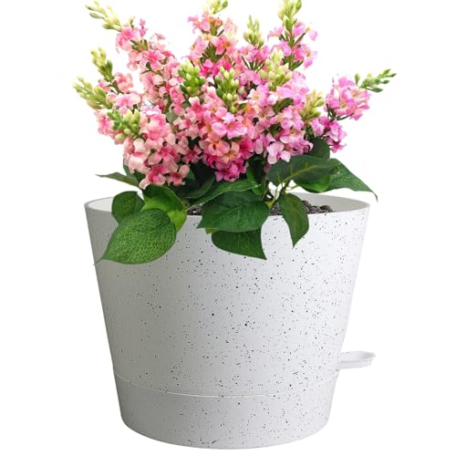 Meowell 12 inch Large Self Watering Pots, Plant Pots with Mesh Drainage Holes for Indoor Outdoor Plants, Plastic Planters with Deep Reservoir for Garden House Flower Plants, Speckled White - color: Speckled White, size: 12inch A