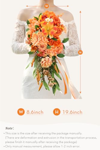Serwalin 11 Inch Wedding Bouquets for Bride Bridesmaid,Fall Cascading Orange Bridal Bouquets for Bride,Wedding Ceremony and Anniversary Day Decor - color: Athens Orange