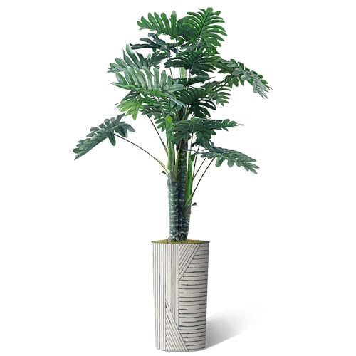 Artificial Tree in Geometric Pattern Planter, Fake Philodendron Tree Silk Tree for Indoor and Outdoor Home Decoration - 70" Overall Tall (Plant Pot Plus Tree) - style: Philodendron Tree
