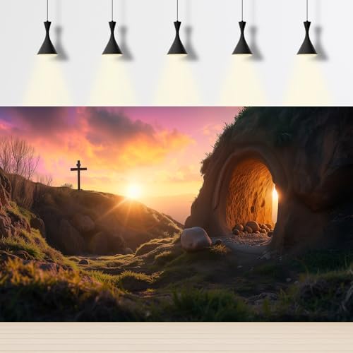 Empty Tomb Backdrop Sunrise Jesus Tomb Resurrection of Jesus Backdrop Holy Light Easter Background Rebirth of Jesus Bible Story Church Sanctuary Decor Crosses Jesus Christ Background 5x3ft - color: Black_Yellow, size: 5x3ft