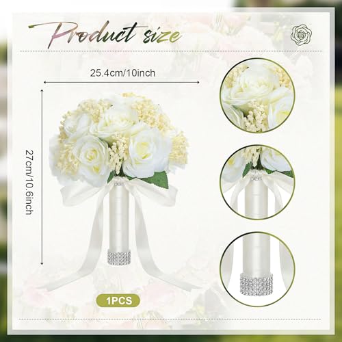 Janinka 10 Inch Large Wedding Bouquets for Bride Bridesmaid Artificial Rose Flowers Paired with Silk Ribbon and Rhinestones Bridesmaid Bouquet for Proposal Party Church Decoration(Milky White,Rose) - color: Milky White, style: Rose