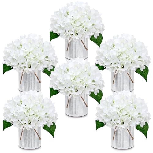 Flower Table Centerpieces - Set of 6 Floral Arrangement Artificial Wedding Hydrangeas Floral Arrangement with Rustic Metal Vase for Bridal Tea Party Event Decorations - Ivory White - color: Ivory White